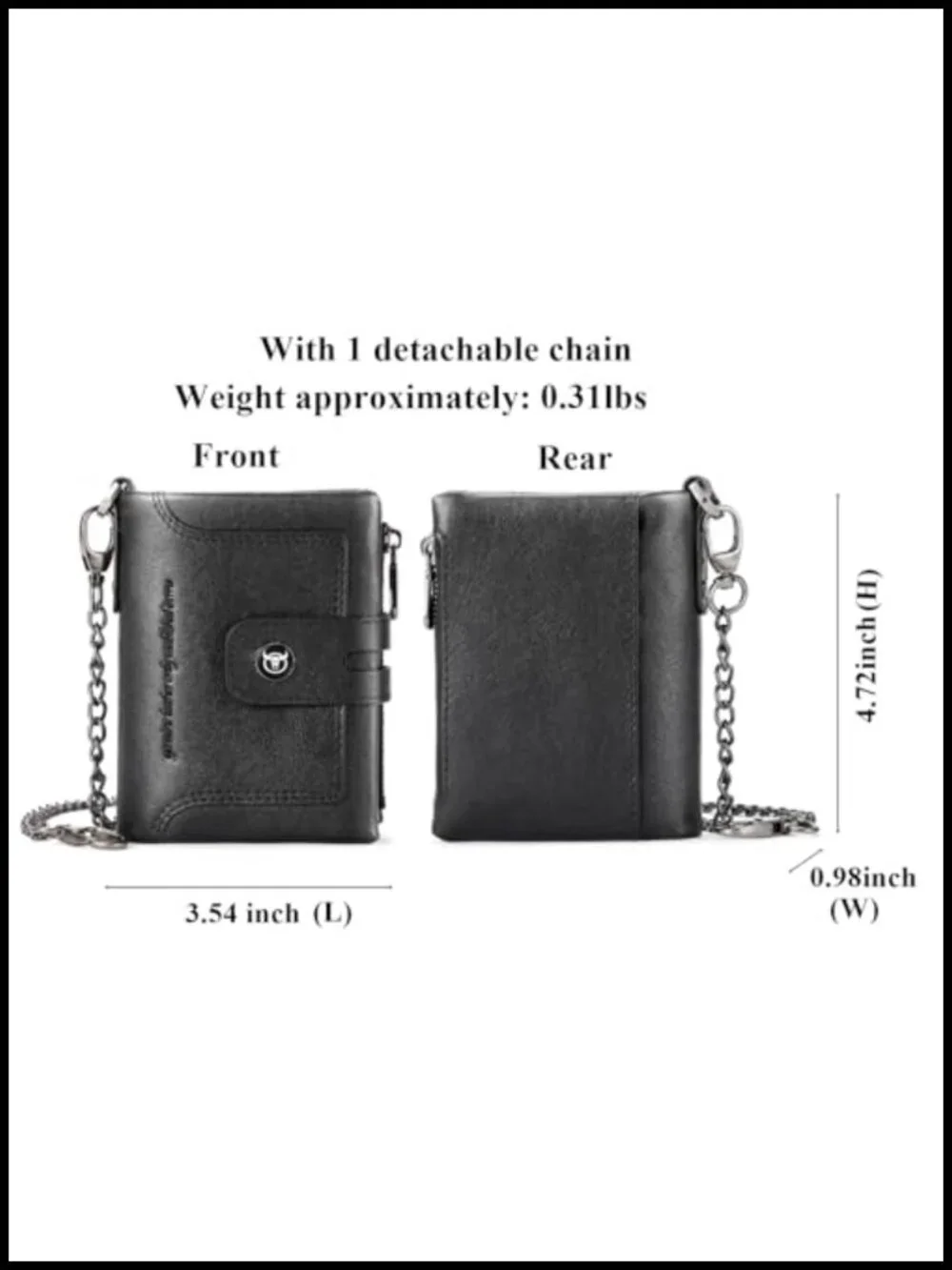 Men's Genuine Leather Bifold Wallet with Chain RFID Blocking Removable Zipper